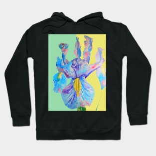 Iris Watercolor Painting - Blue with Raindrops - on Yellow and Mint Hoodie